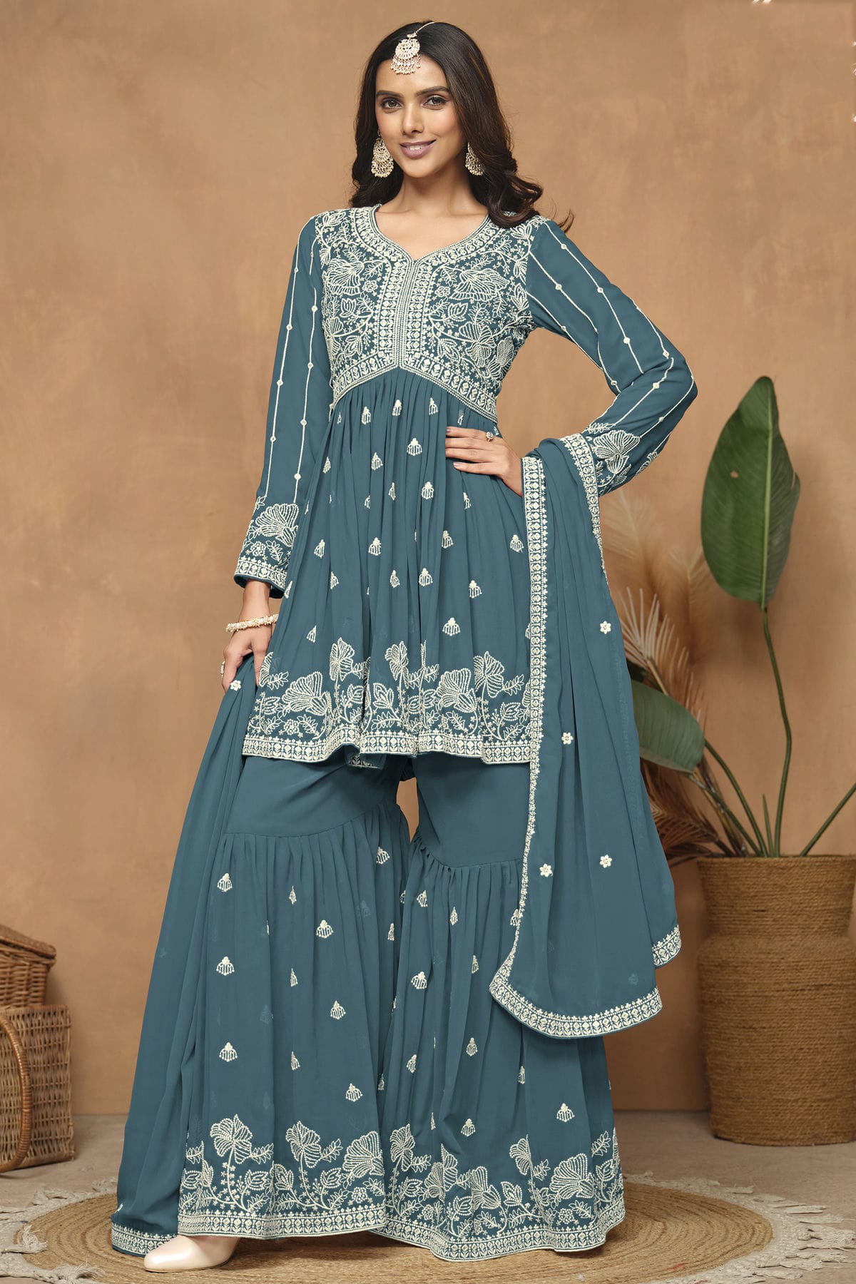 Teal Colour Faux Georgette Sharara Suit