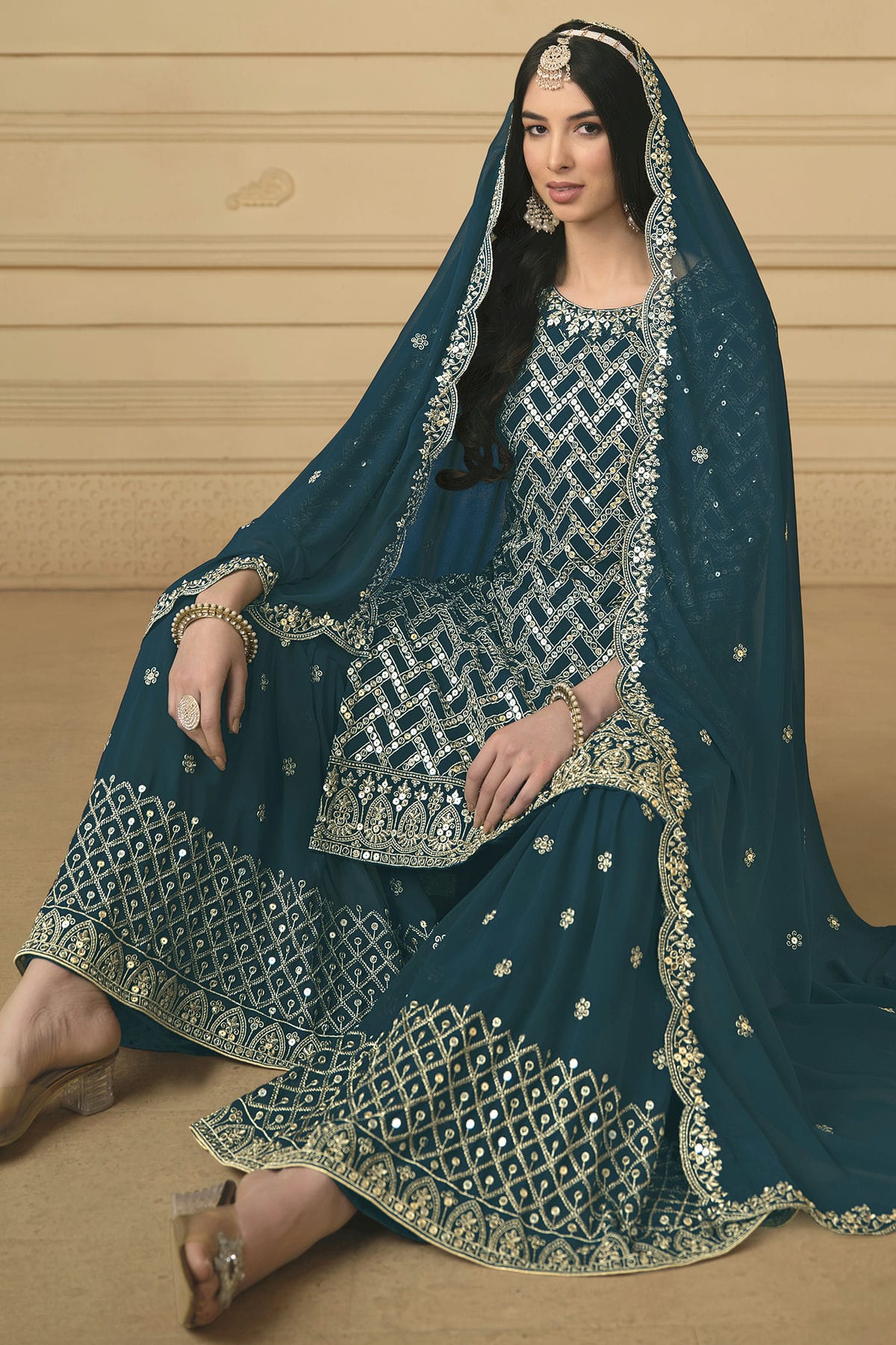 Teal Colour Faux Georgette Sharara Suit