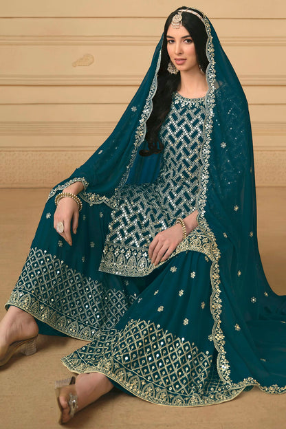 Teal Colour Faux Georgette Sharara Suit