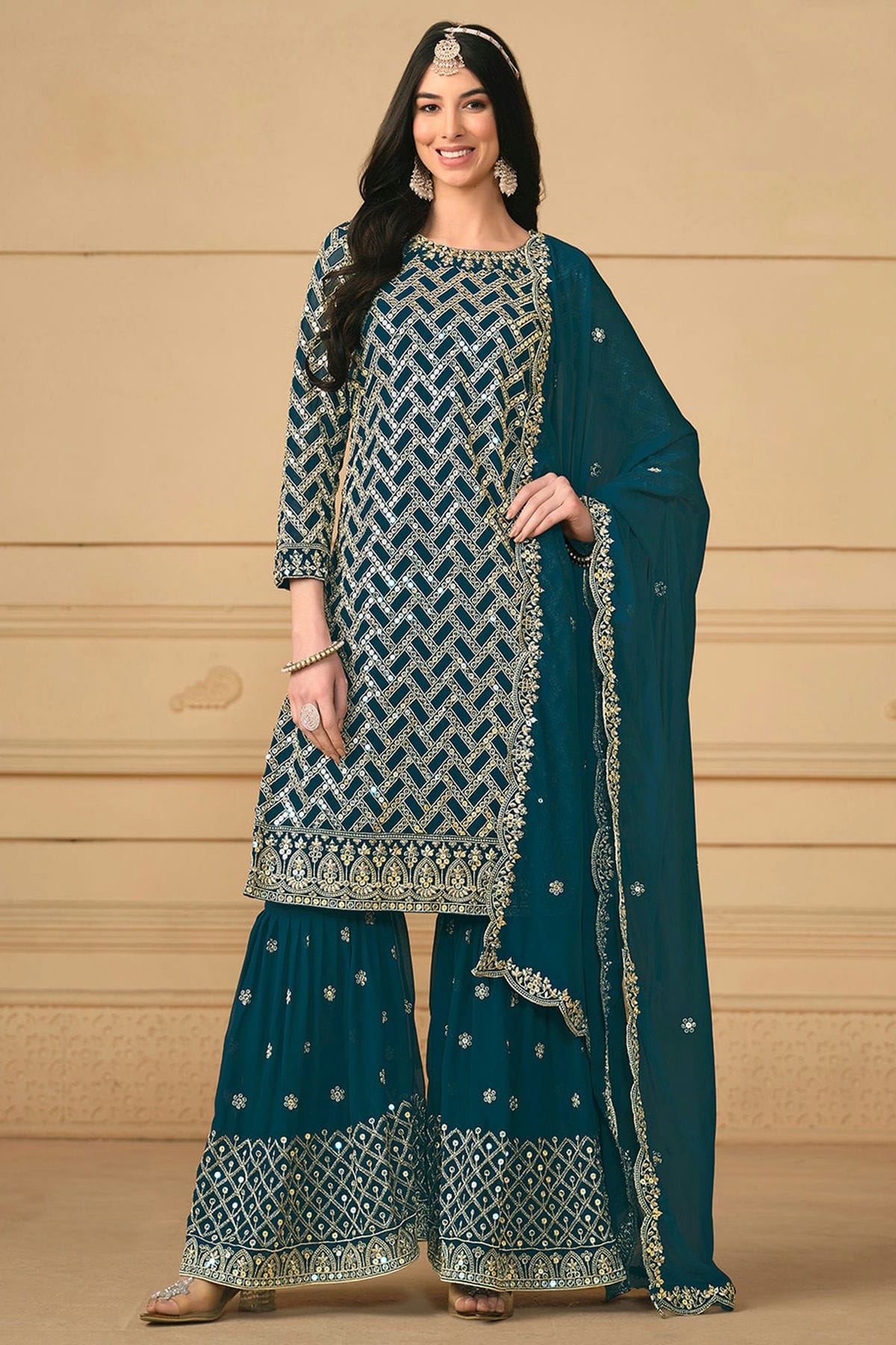 Teal Colour Faux Georgette Sharara Suit