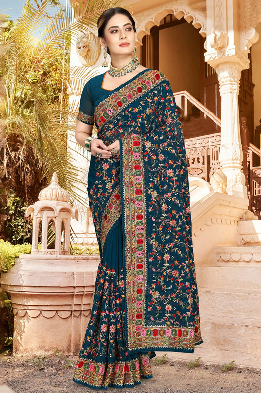 Teal Colour Georgette Designer Saree