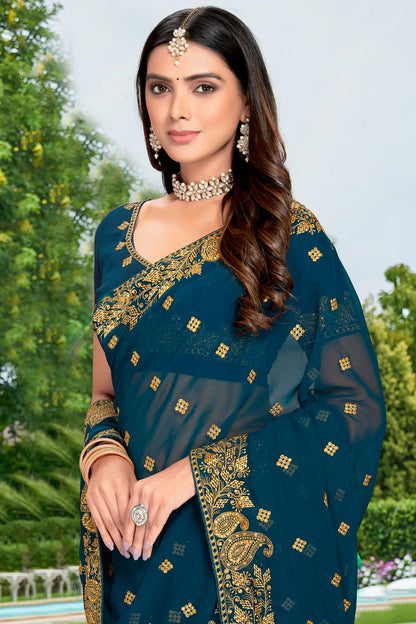 Teal Colour Georgette Designer Saree