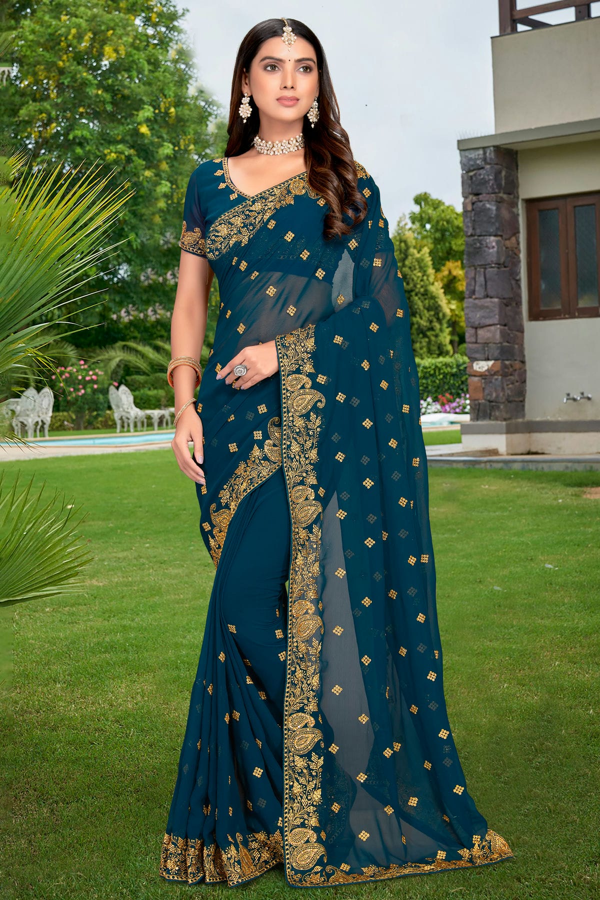 Teal Colour Georgette Designer Saree