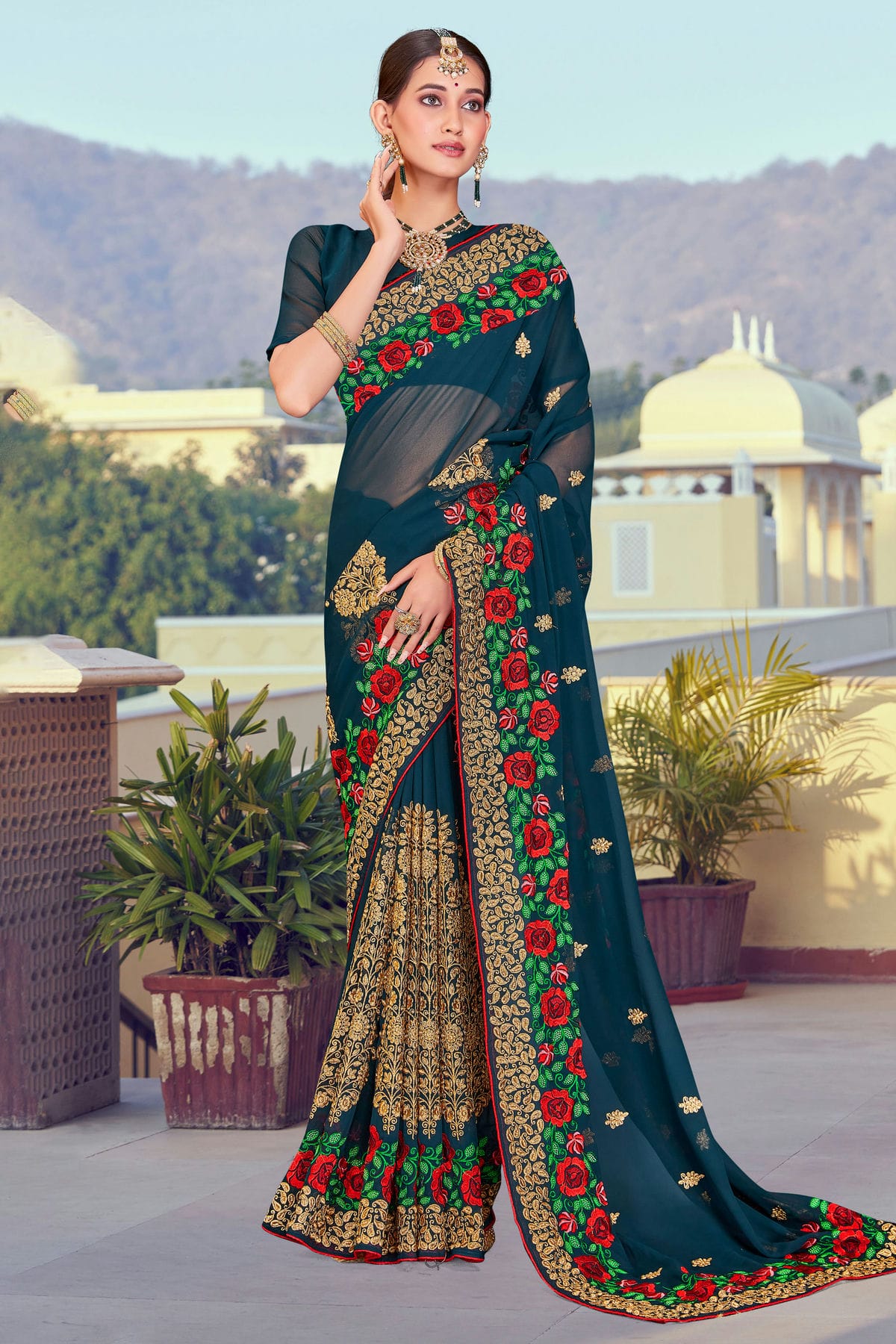 Teal Colour Georgette Designer Saree