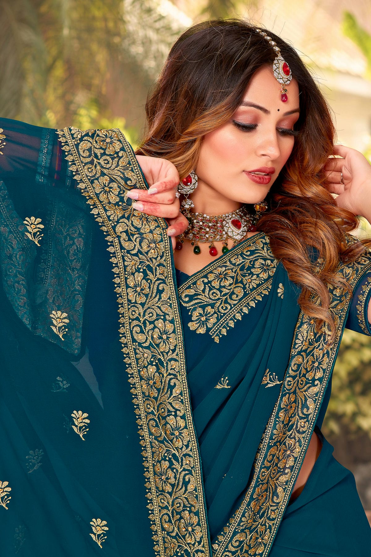 Teal Colour Georgette Designer Saree