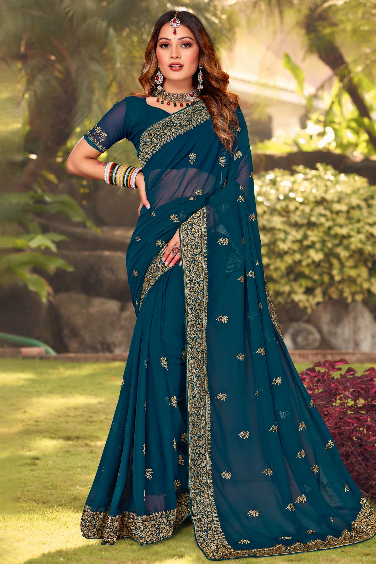 Teal Colour Georgette Designer Saree