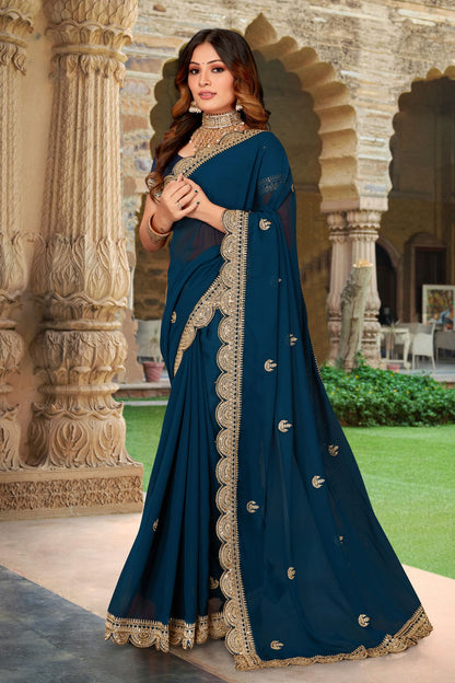 Teal Colour Georgette Designer Saree