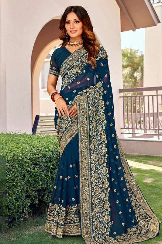 Teal Colour Georgette Designer Saree