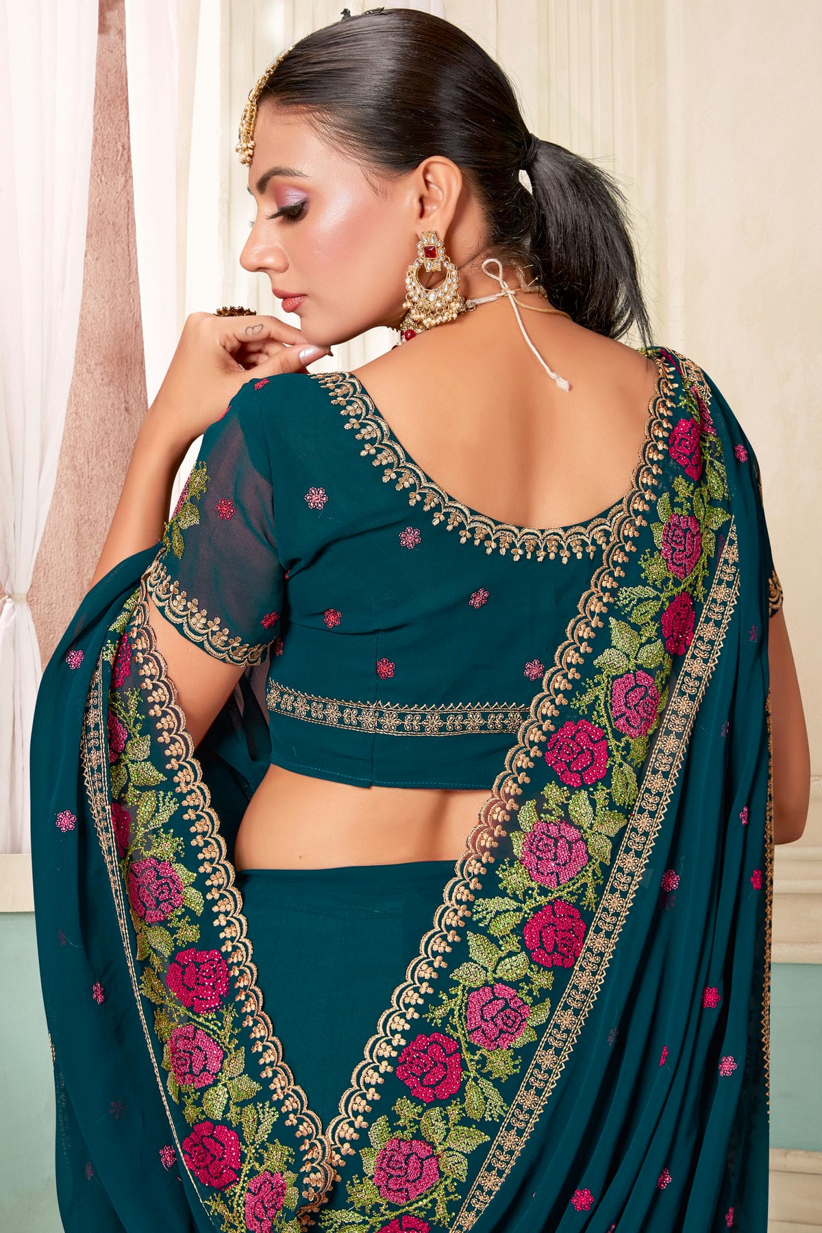 Teal Colour Georgette Designer Saree