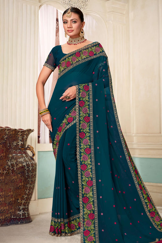 Teal Colour Georgette Designer Saree