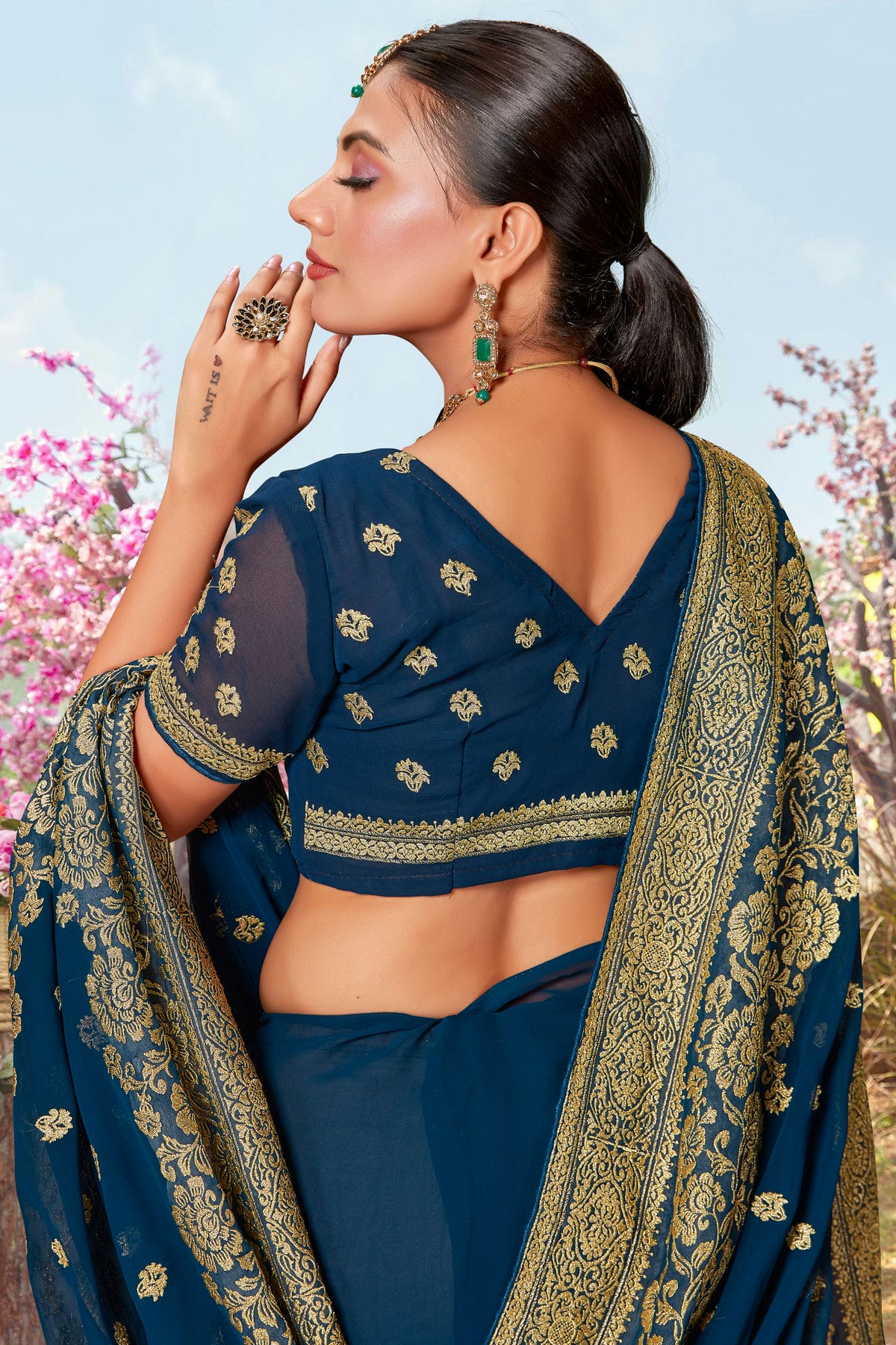 Teal Colour Georgette Designer Saree