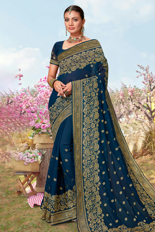 Teal Colour Georgette Designer Saree