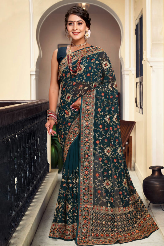 Teal Colour Georgette Designer Saree