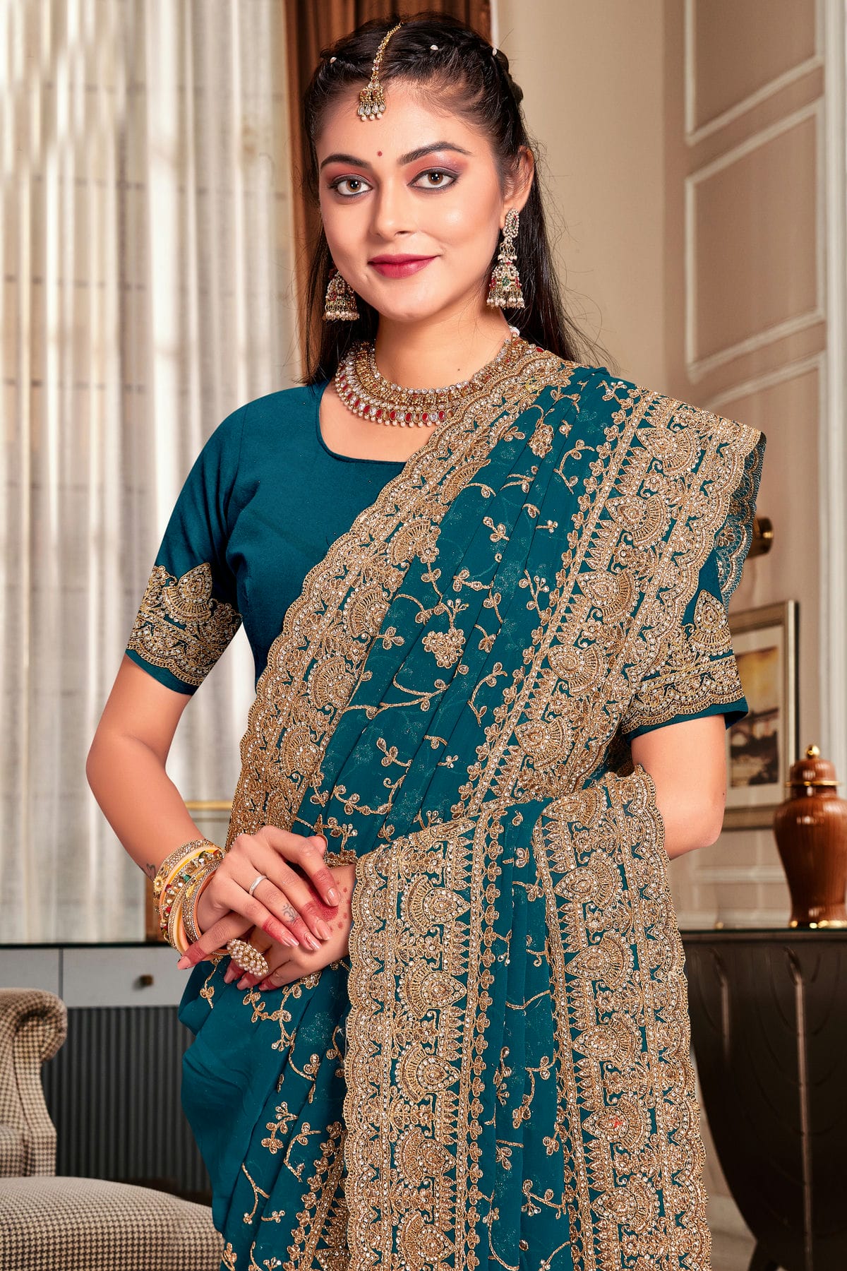 Teal Colour Georgette Designer Saree