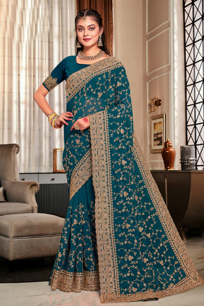 Teal Colour Georgette Designer Saree