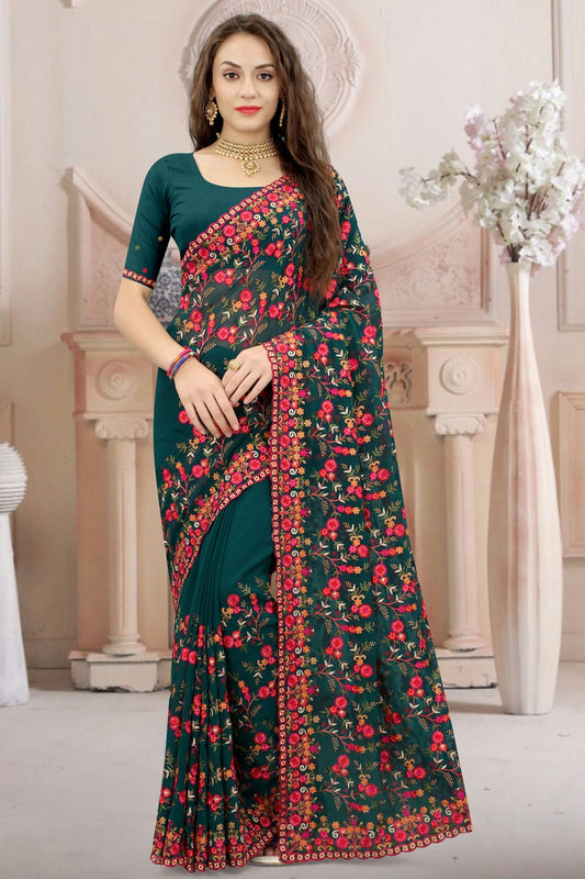 Teal Colour Georgette Designer Saree