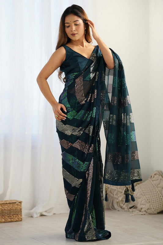 Teal Colour Georgette Designer Saree