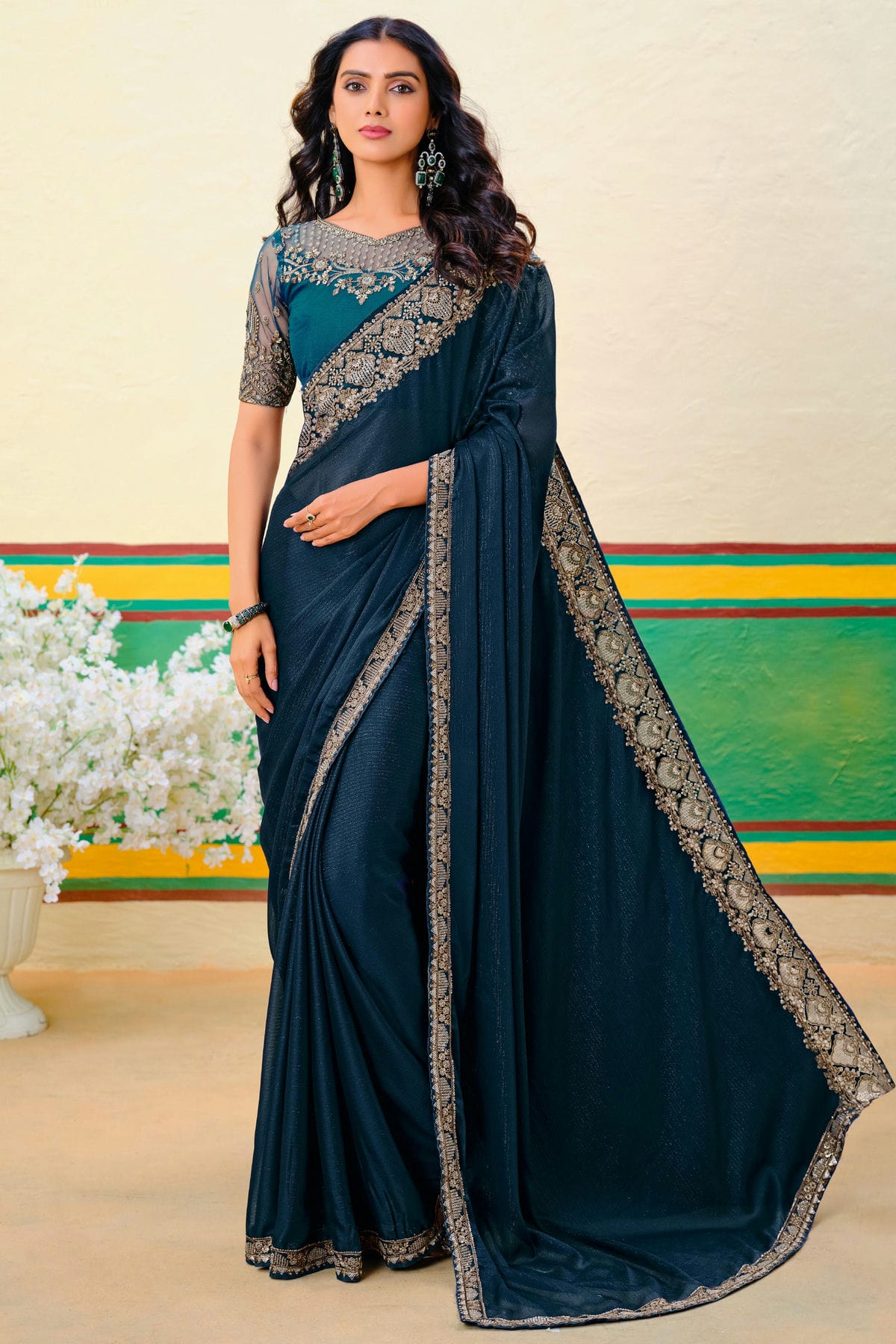 Teal Colour Georgette Designer Saree