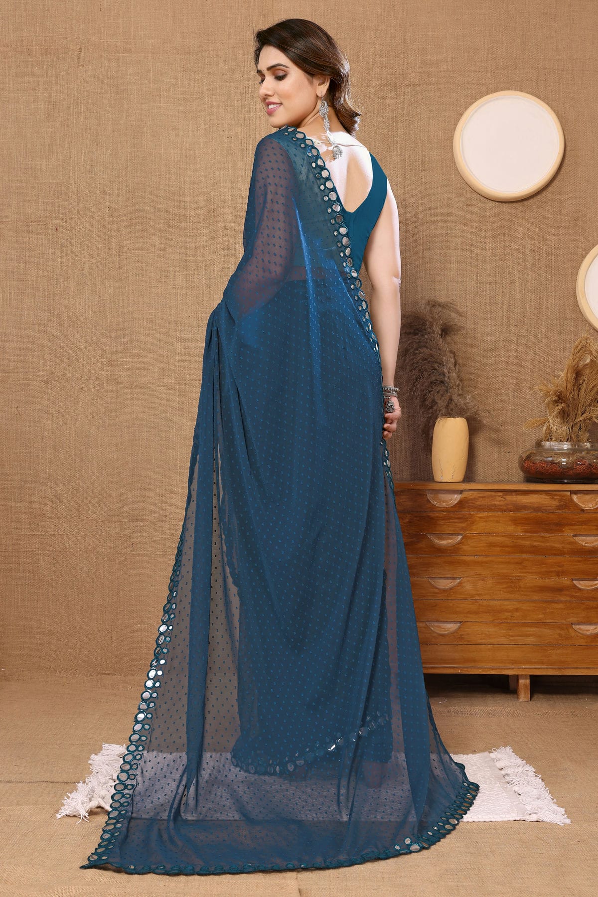 Teal Colour Georgette Mirror Work Saree