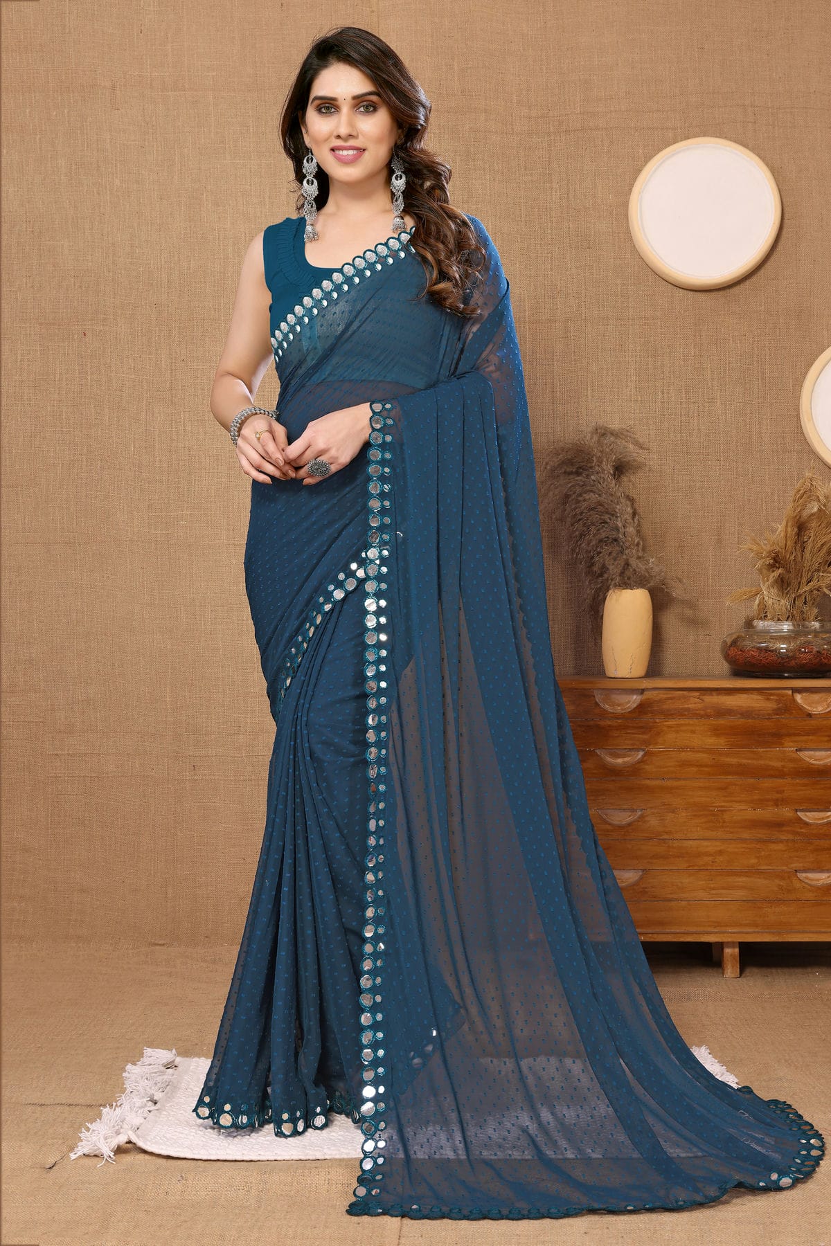 Teal Colour Georgette Mirror Work Saree