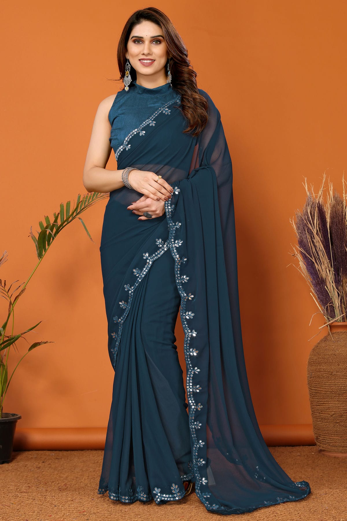 Teal Colour Georgette Mirror Work Saree