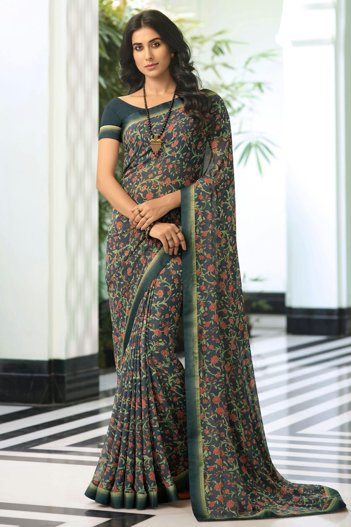 Teal Colour Georgette Printed Saree