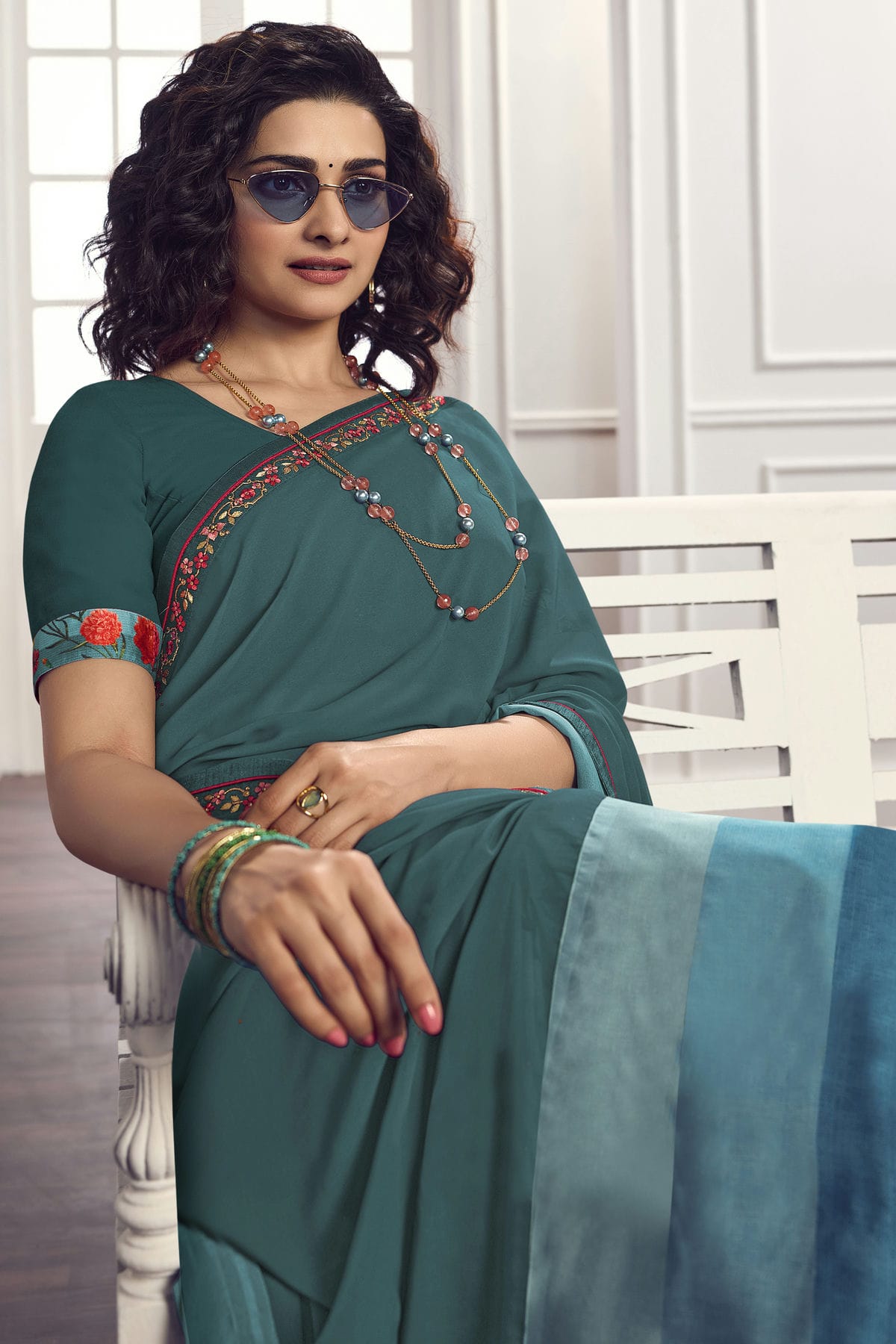 Teal Colour Georgette Printed Saree