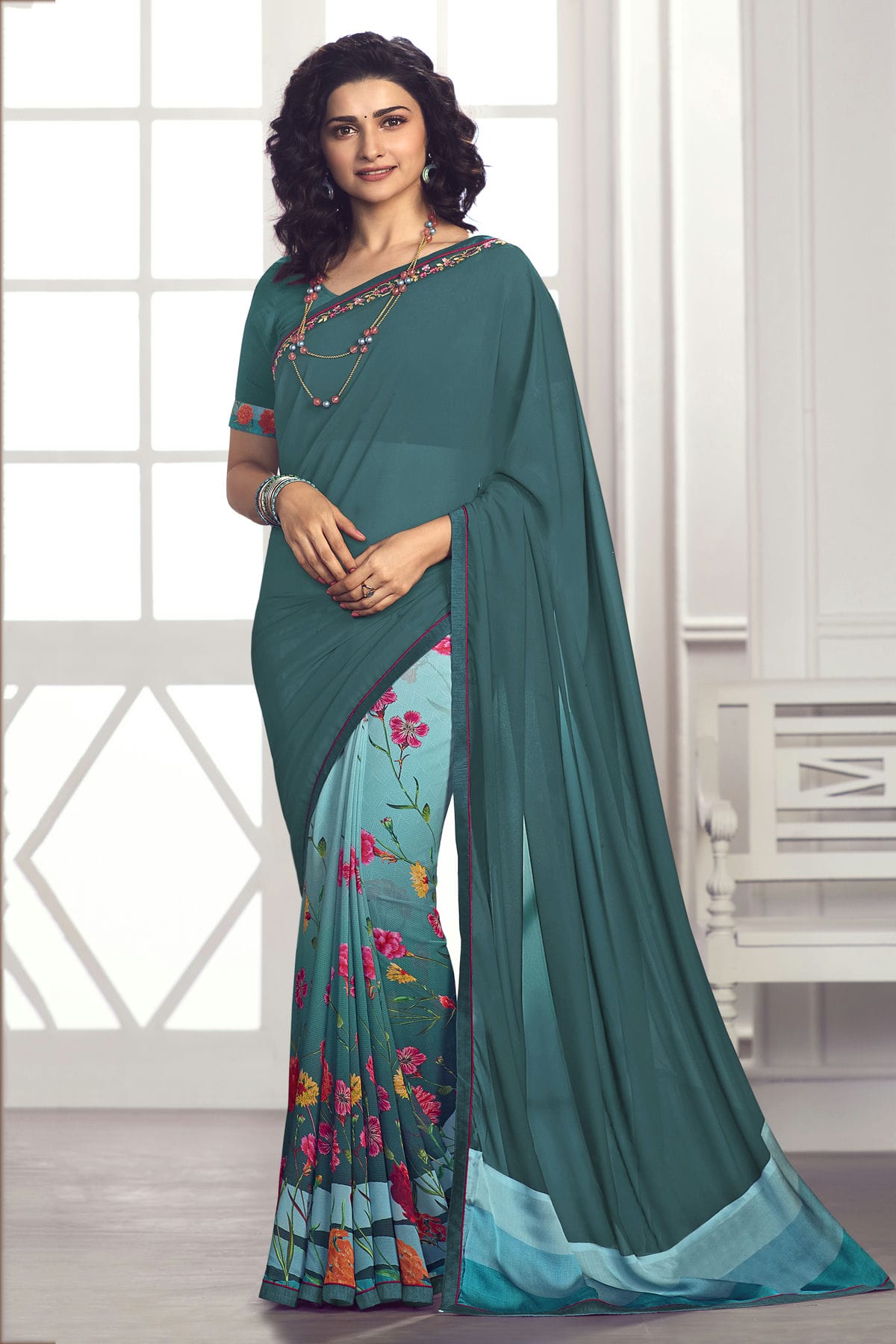 Teal Colour Georgette Printed Saree