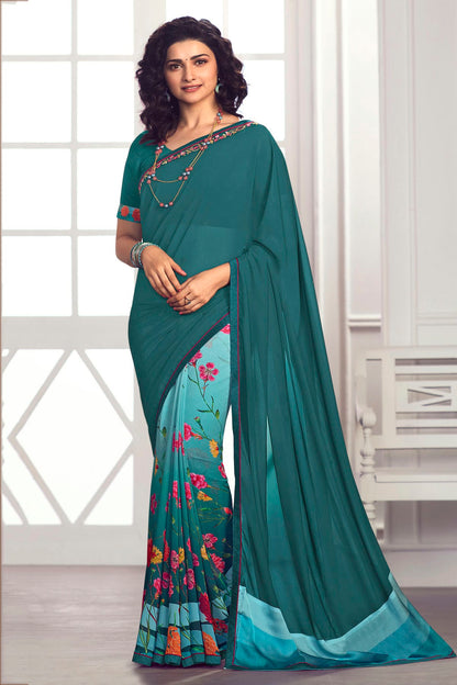 Teal Colour Georgette Printed Saree