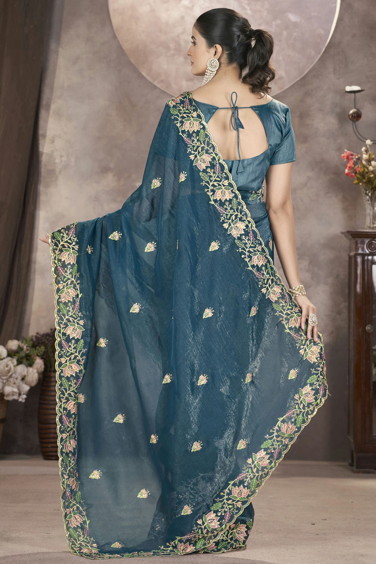 Teal Colour Gold Crunchy Designer Saree VSSD1112571