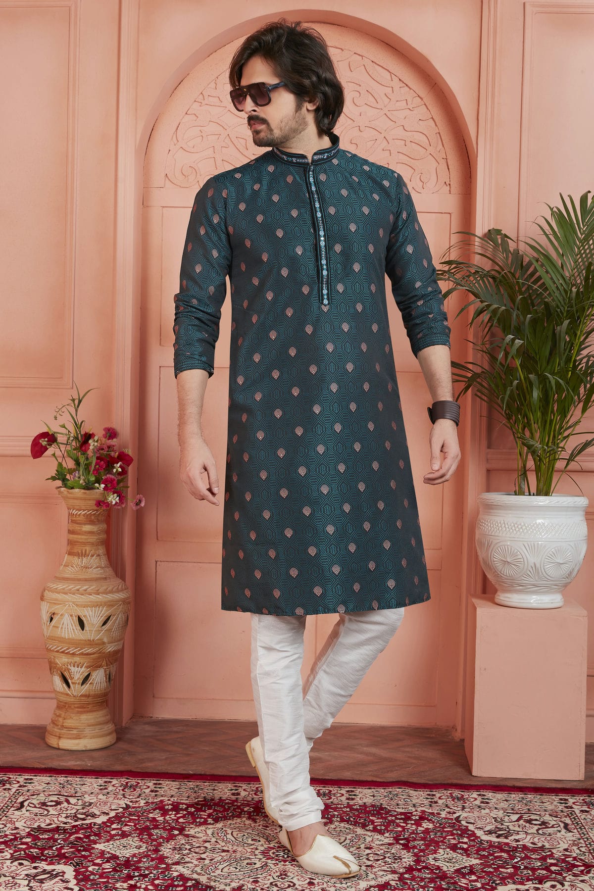 Teal Colour Jacquard Silk Brocade Kurta Pajama VSKP1230238