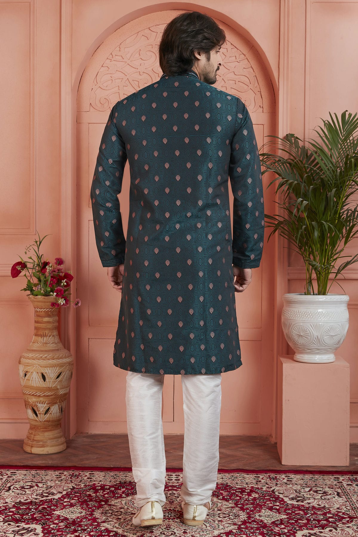 Teal Colour Jacquard Silk Brocade Kurta Pajama VSKP1230238