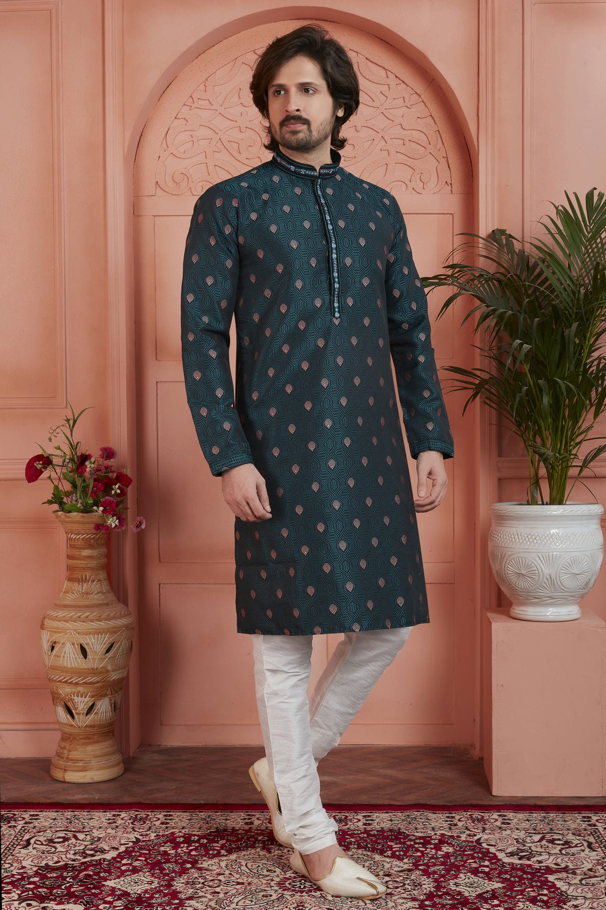 Teal Colour Jacquard Silk Brocade Kurta Pajama