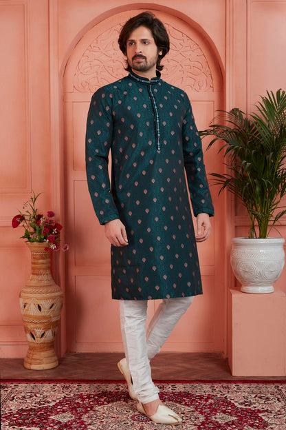 Teal Colour Jacquard Silk Brocade Kurta Pajama