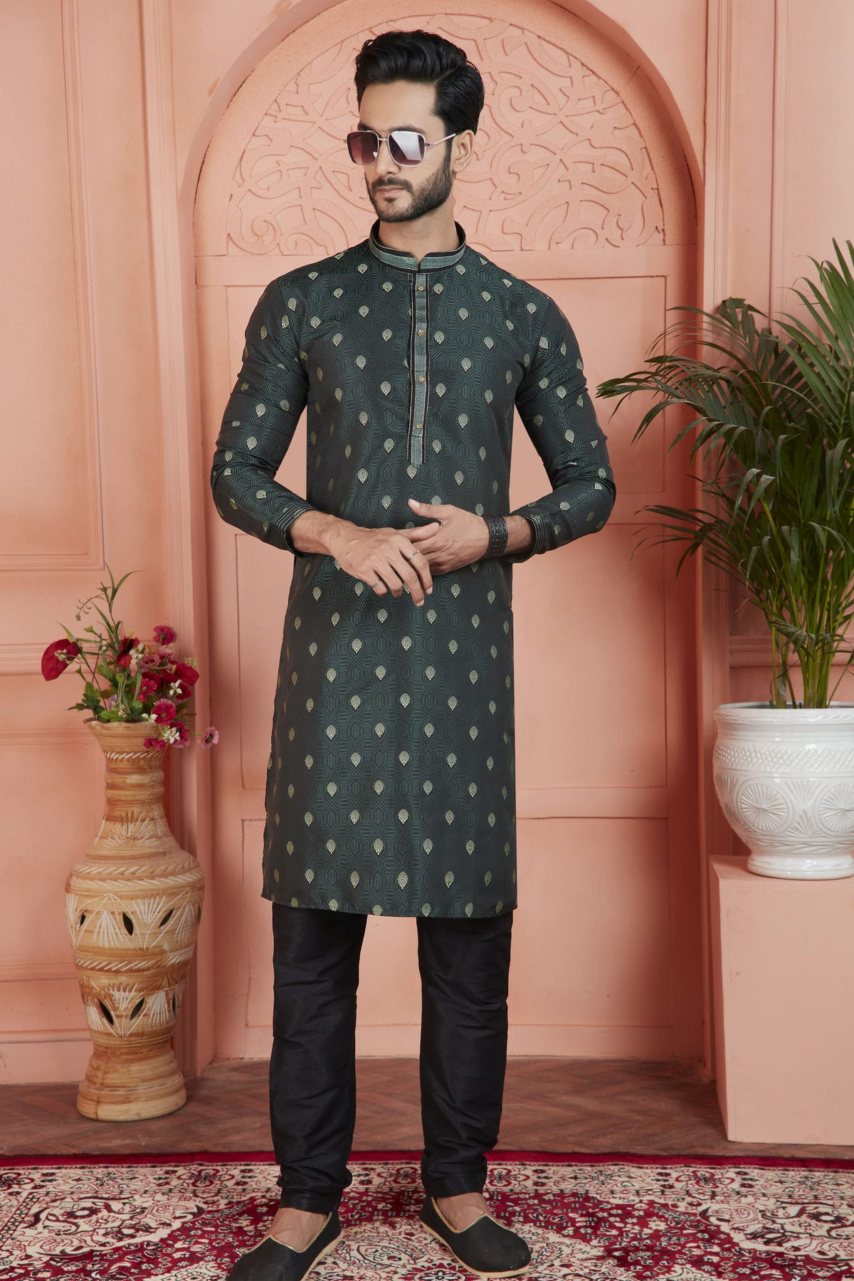 Teal Colour Jacquard Silk Brocade Kurta Pajama VSKP1230239