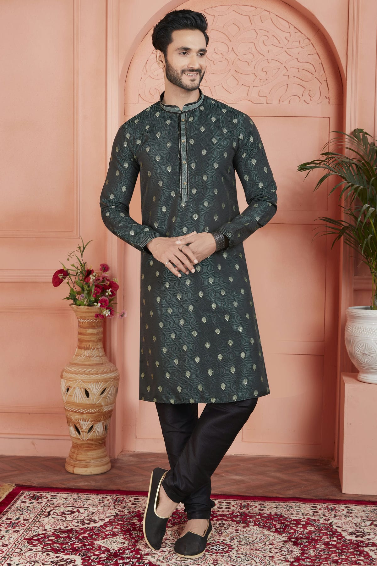 Teal Colour Jacquard Silk Brocade Kurta Pajama