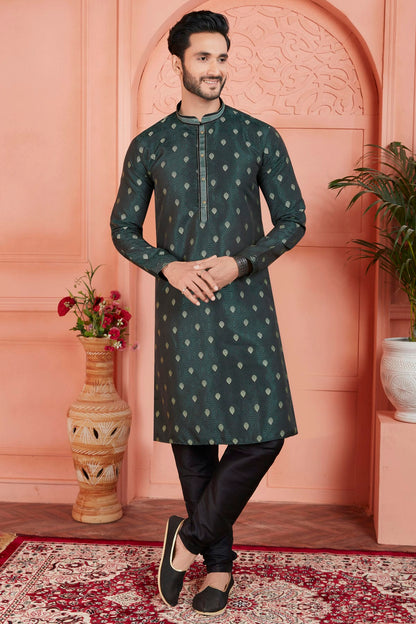 Teal Colour Jacquard Silk Brocade Kurta Pajama