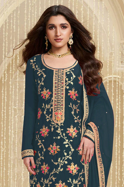 Teal Colour Jacquard Viscose Straight Suit VSSM1140580