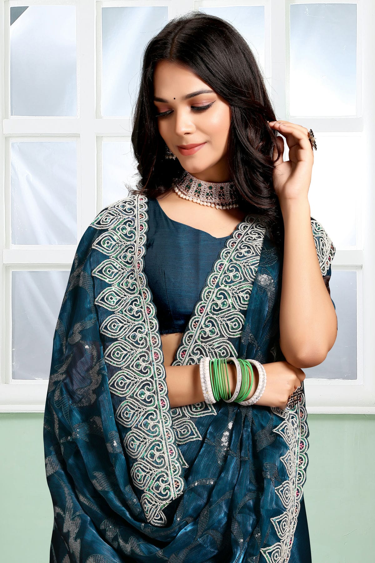 Teal Colour Jimmy Choo Silk Designer Saree VSLC1121710