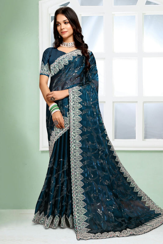 Teal Colour Jimmy Choo Silk Designer Saree