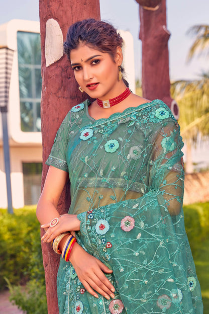 Teal Colour Net Designer Saree