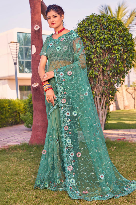 Teal Colour Net Designer Saree