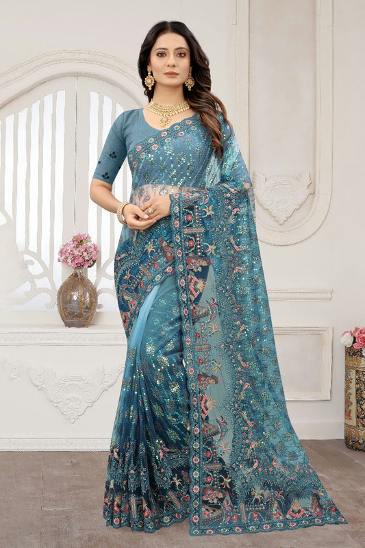 Teal Colour Net Designer Saree