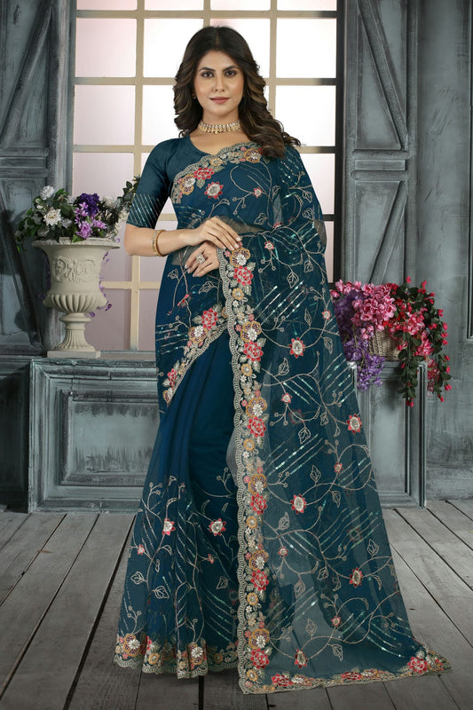 Teal Colour Net Designer Saree