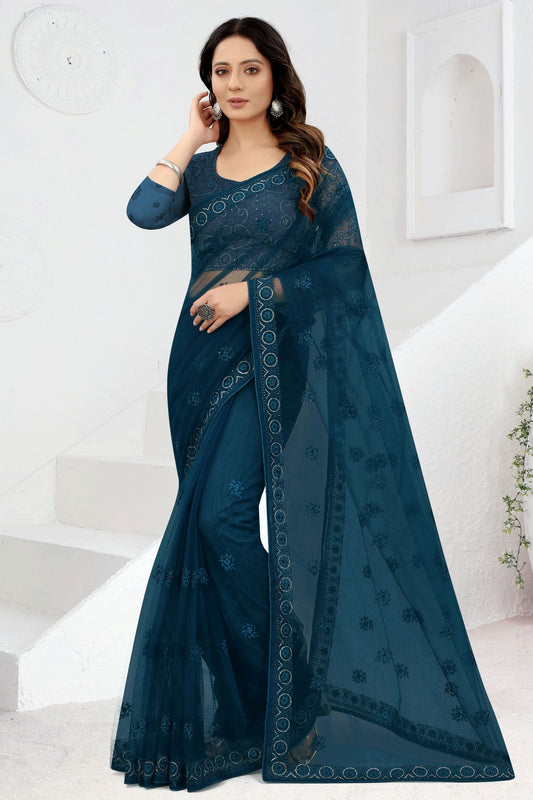 Teal Colour Net Designer Saree