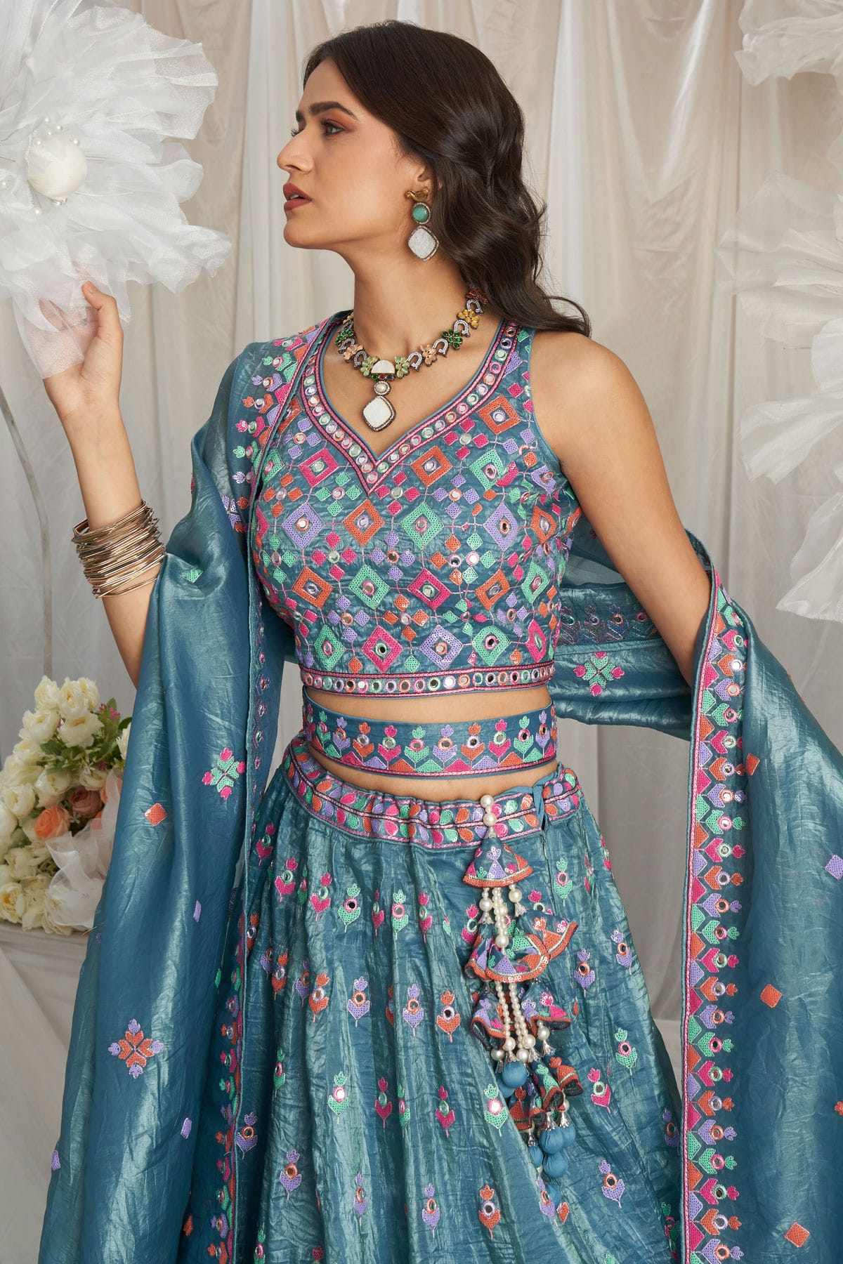 Teal Colour Organza Embroidery Lehenga Choli VSLC1111354