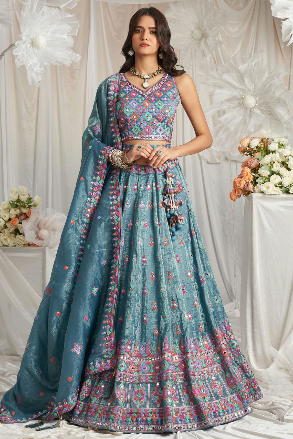 Teal Colour Organza Embroidery Lehenga Choli