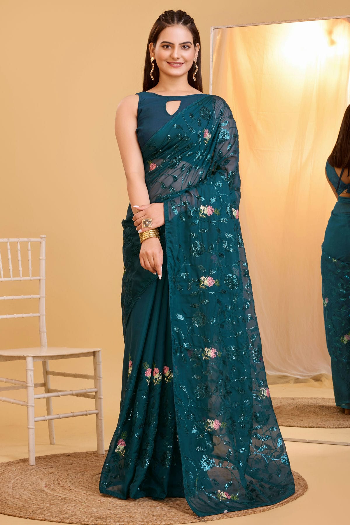 Teal Colour Organza Saree