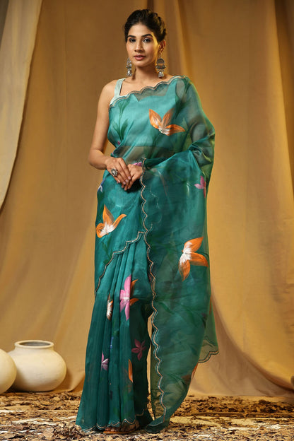 Teal Colour Organza Saree