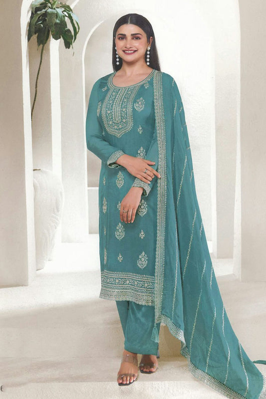 Teal Colour Organza Silk Pant Style Suit